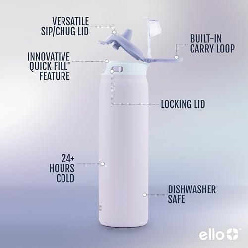 Ello Pop & Fill Insulated Stainless Steel Water Bottle with Quick Fill Lid, Leakproof Locking, Sip or Chug Spout, BPA-Free, Double Wall Vacuum Insulated for Sports, Travel & School- 22oz / 32oz / 40oz - color: Aurora, style: 22oz