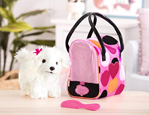 Pucci Pups Plush Puppy Carrier Set, Bichon Frise Polka Dot Bag, Pet | 3-piece stuffed animal set with plush Bichon Frise, pink polka dot carrier bag, comb, and mesh zip front, Pet, 2+ Years - style: Bichon Frisé & Hot Pink Bag