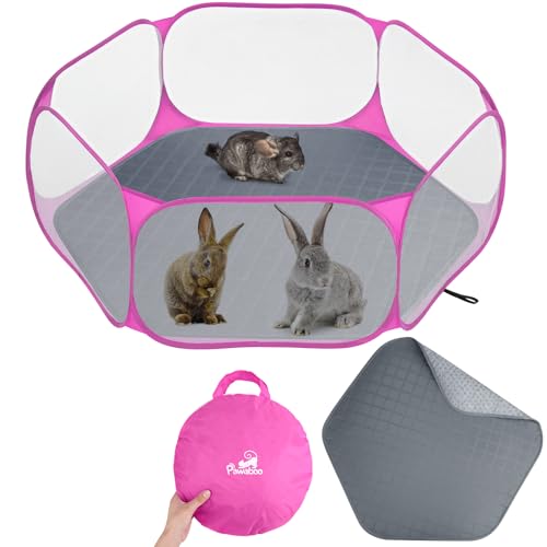 Pawaboo Small Animals Playpen with Pad, Pink + Gray | Waterproof, Reusable Pad, Portable Outdoor Yard Fence, For Chick/Kitten/Puppy/Guinea Pig/Rabbits/Chinchillas - color: Pink + Gray