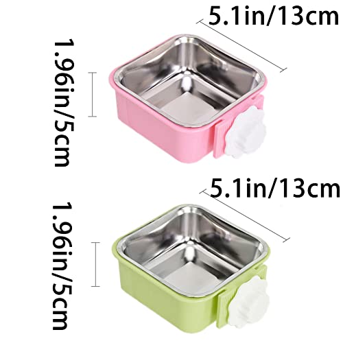 Crate Dog Bowl,Removable Stainless Steel Water Food Feeder Bowls Crate Coop Cup,Pet Cage Bowls with Bolt Holder for Cat, Puppy, Birds, Rats, Rabbits Small Animals ((Green+Pink) Square, Large) - color: (Green+Pink) Square, size: Large