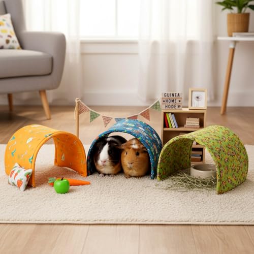BreezeHug 4 Pcs Guinea Pig Tunnel Foldable Rabbit Hideout Washable and Soft Bunny Hide House Ferret Tunnel Toys Cage Accessories for Small Animal Hamster Hedgehogs Chinchilla(Forest Animals) - style: Forest Animals