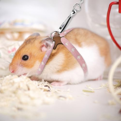 Hypeety Syrian Hamster Leash Harness Set Adjustable Training Walking Lead | Adjustable 3.14-7.07'' chest, 32.60'' lengh, soft nylon leash with finder bells, for hamster/rat/gerbil, easy to put on, pink - color: Nylon Pink 32.7"