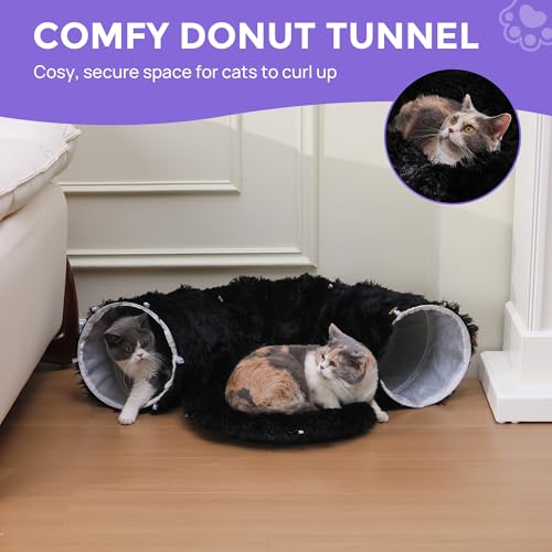 Cat Tunnel with Bed – Soft Plush Peekaboo Donut Cave for Indoor Cats | Under Christmas Tree Hideaway & Multifunctional Playground Toy for Kittens, Rabbits, Ferrets (Long-Pile Fabric Black) - color: Long-pile fabric Black