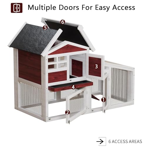 54" 2-Tier Wooden Rabbit Hutch with Run, Small Animal Cage with Removable Tray, Ramp, 6 Access Doors & Asphalt Roof, Weather-Resistant Bunny House for Rabbits, Guinea Pigs, Chinchillas, Red & White - color: Brown-white