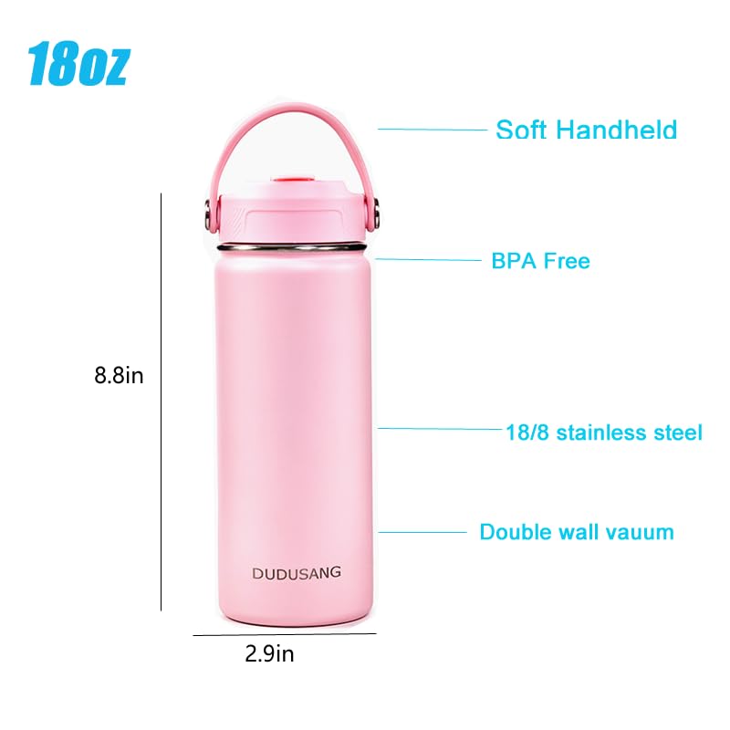 2Pack 18oz Kids Insulated Water Bottle - Bulk Stainless Steel Water Bottles for School Boys/Girls Flip Top Leak Spill Proof Vacuum Metal Cups BPA Free Thermos(Light Pink, 18 Ounces) - color: Light Pink