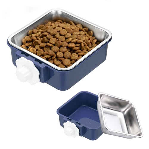 Crate Dog Bowl, Removable Stainless Steel Pet Cage Hanging Anti-Overturn Food Water Feeder Cage Cup (Square, Dark Blue, 17.7oz), Intended for Puppies/Cat/Rabbit/Bird - color: Dark Blue, size: 5.7"(17.7oz)