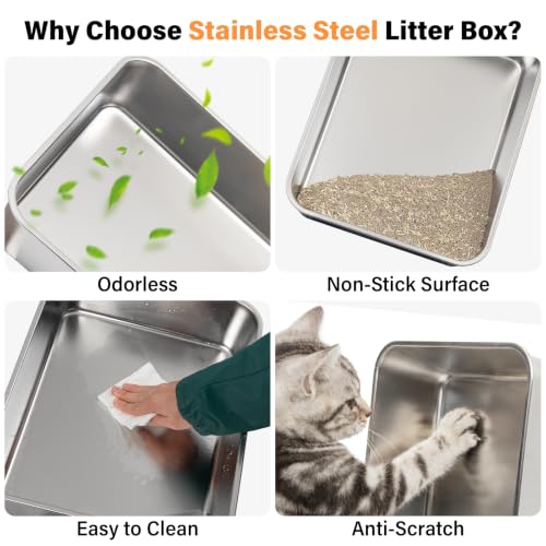 Stainless Steel Cat Litter Box for Kittens, Low Entry Kitten Litter Box | Small Metal Litter Box, Includes Scoop and Mat, High Sided, Non-Sticky, Anti-Urine Leakage, Easy Cleaning - size: Small(17.3"x13.4"x8.1")