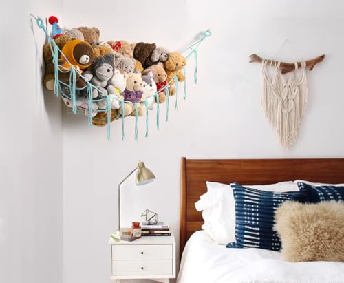 YKBU Stuffed Animals Hammock Corner Hanging Net for Macrame Stuffed Animal Storage Plush Toy Holder Toy Organizer for Boho Nursery Playroom Bedroom Kids Room Decor (light blue, Large)