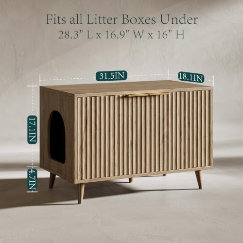 Evermagin 31.5" Cat Litter Box Enclosure Furniture with Legs | Oak Hidden Litter Box Cabinet, Modern Indoor Cat House, Fluted Kitty End Table for Living Room, Bedroom, Entryway - color: NA Oak