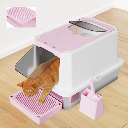 RIZZARI Enclosed Cat Litter Box with Scoop, Large Covered Litter Box | Helps Reduce Litter Tracking,Enclosed Privacy Space,Easy Top-Access Cleaning,Large Interior Capacity,Includes Litter Scoop - color: Pink