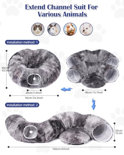 Cat Tunnel Bed with 20 Pcs Interactive Toys, 3-in-1 DIY Collapsible Plush Cat Tube with Washable Mat, Large Indoor Play Tunnel Cave for Kittens and Small Animals - color: Charcoal Gray