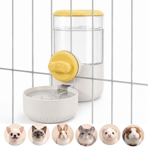 34 oz Hanging Water Dispenser for Small Animals, Guinea Pigs & Rabbits | Secure Mount | Adjustable Height | One-Way Flow | Outside Refill | Easy Cleaning - color: Yellow
