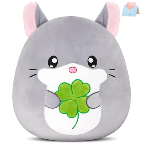13-Inch Chinchilla Plush Pillow with Four-Leaf Clover, Ultrasoft Grey Chinchilla Stuffed Animal Toy Hugging Throw Toy Gifts for Bedding, Kids Sleeping Kawaii Pillow - color: Chinchilla