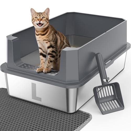 FURTIME Stainless Steel Cat Litter Box, Extra Large Cats Metal Litter Box | High-Sided Open-Top Easy-Clean Litter Pan, Non-Stick, Anti-Leakage, Odor-Free, Comes with Scoop & Mat, 23"×15"×10.5" - color: Grey, size: Large