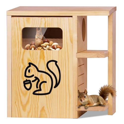 Extra Large Wooden Squirrel House for Outside | Dual Protective Entry Design, with Squirrel Feeder, Squirrel Nesting Box with Multi-Platforms for Nesting & Shelter - size: Extra Large