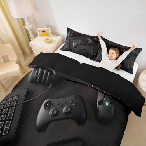 Modern Gamepad Bedding Set, Boys Youth Video Game Controller Mouse Keyboard Headphone Gaming Equipment Comforter Cover, Decorative 3 Piece Duvet Cover With 2 Pillow Shams, King Size, Red Black White