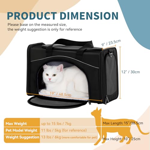Petsfit Two-Way Placement Pet Carrier Airline Approved, Cat Carriers for Kittens, Puppies,Rabbit,Hamsters, Washable,Black - color: Black, size: 19"L x 9.5"W x 12.0"H