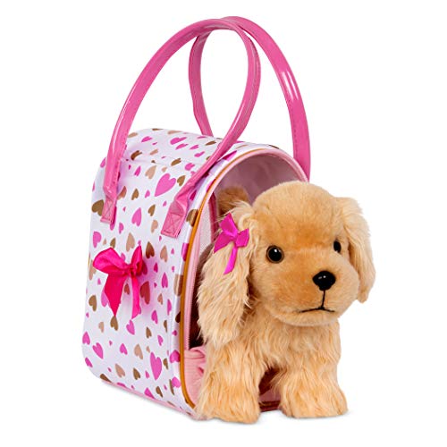 Pucci Pals Plush Puppy Carrier Set, Cocker Spaniel, Heart Print Bag, Pet | 3-piece plush pet set with Cocker Spaniel puppy, comb, and 8 x 6 x 9 in heart print carry bag for grooming and, 2+ Years - style: Cocker Spaniel - Gold & Pink Bag