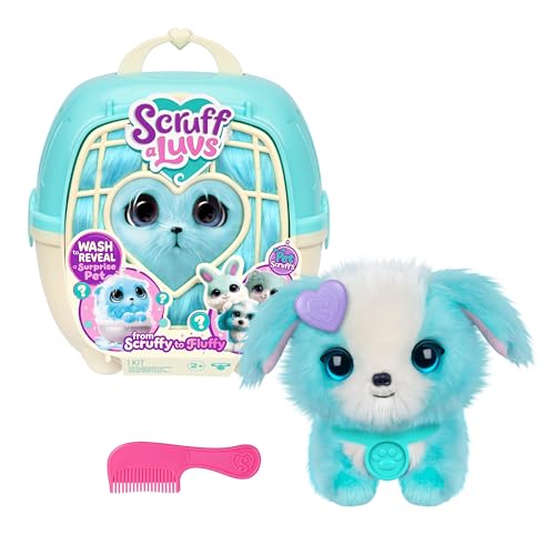 ScruffaLuvs Blue Surprise Pet, Mystery Plush Toy, Wash to Reveal | Wash to reveal 1 of 3 rescue pets, includes deluxe carrier & comb; plush toys for girls ages 3+, gift - style: Blue