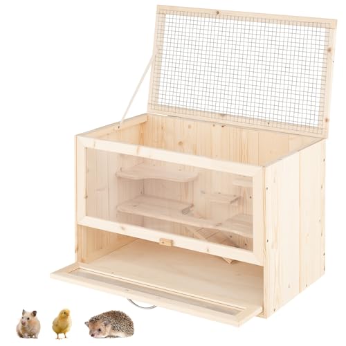 PETSITE Hamster Cage Chewproof, Wooden Hamster Habitat Playpen with Mesh Flip Roof, Multiple Ladder Areas, Ramp Design, Acrylic Panel, and Lockable Door, 23.5 x 14 x 16.5 Inches (L x W x H)