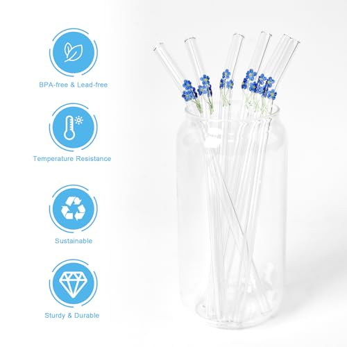 6Pcs Cute Glass Straws Shatter Resistant with 2 Cleaning Brushes, Reusable Glass Straws with Charms- Forget Me Not Blue Flowers, Party Decorations, Juice, Birthday Party(Dishwasher Safe) - style: Forget Me Not Flowers