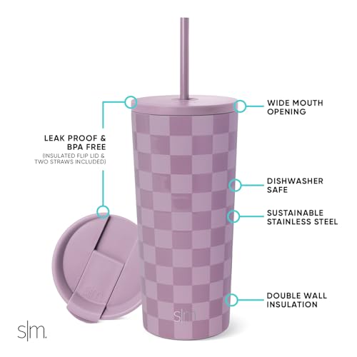 Simple Modern Insulated Tumbler with Lid and Straw | Iced Coffee Cup Reusable Stainless Steel Water Bottle Travel Mug | Gifts for Women Men Her Him | Classic Collection | 20oz | Lavender Checkmate - color: Pattern: Lavender Checkmate, size: 20 Ounces
