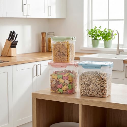 Patelai 6 Pcs Dog and Cat Food Storage Containers with Scoops Set Plastic Pet Food Storage Containers Stackable Airtight Dry for Kitchen 1.27, 2.4, 4 Qt (Pink,Blue,Green) - color: Pink,Blue,Green