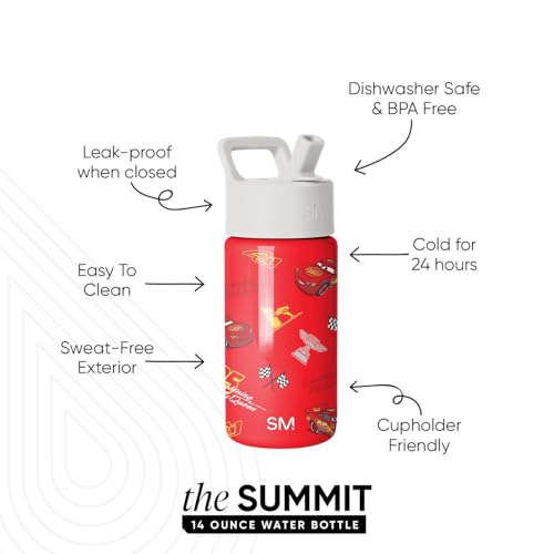 Simple Modern Disney Cars Kids Water Bottle & Toddler Cup | 14oz | Insulated Stainless Steel Lightning McQueen Toddler Water Bottle Kids Tumbler with Straw | Spill Proof for School Girls Boys - color: Disney-Cars Lightning Speed, size: 14 Ounces
