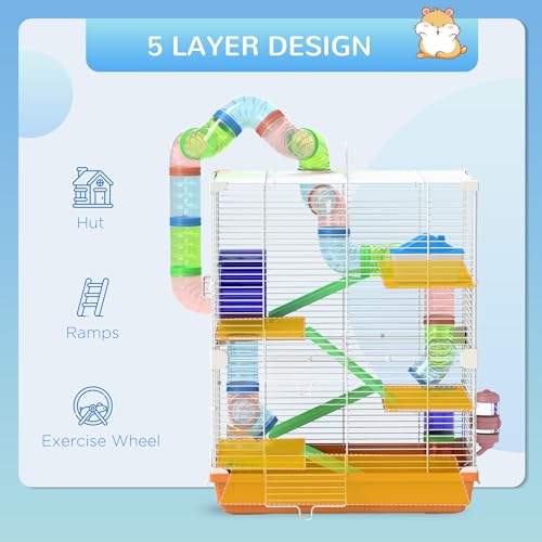 PawHut 18" 5 Tier Hamster Cage with Tubes and Tunnels, Small Animal Cage with Portable Carry Handle, Gerbil Cage with Water Bottle, Food Dish, Exercise Wheel, Orange | Small Animal Cage, Portable Carry Handle, Water Bottle, Food Dish, Exercise Wheel - col