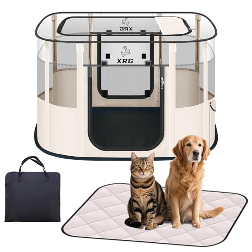 Dog Playpen with Waterproof pad,Portable Pet Crate Kennel Tent,Cat Cages Indoor Breathable Mesh Collapsible Dog Crates Playpen for Dogs Cat and Rabbit Travel Indoor & Outdoor(Large, Beige) - color: Beige, style: Large（35.4"L x 27.6"W x 23.6"H）
