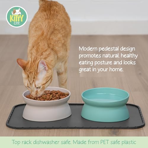 Kitty City Elevated Cat Bowls (Set of 2), Whisker-Friendly Raised Cat Food & Water Dishes, Modern Pedestal Design, Dishwasher Safe, 10.8 oz Each – Teal & Light Pink - color: Pastel, style: Large - Standard
