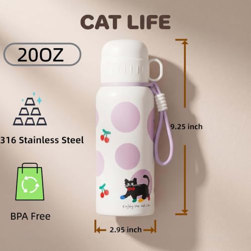 20oz Stainless Steel Insulated Water Bottle with Cat Pattern | Double Wall Vacuum Tumbler, Leakproof, Dual Use Straight Drink & Straw Lid, Travel Office Outdoor - color: Cherry Black Cat
