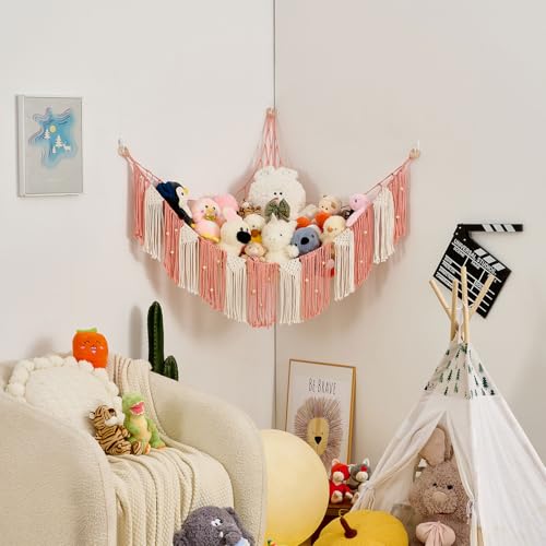Stuffed Animal Hammock with Weaving Tassels and Beads Leather Pink - color: Leather Pink