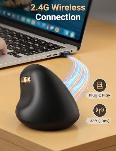 Ergonomic Vertical Wireless Mouse, 57°, Small/Medium Hands, Black | Rechargeable, Quiet Click, 800/1200/1600 DPI, 2.4GHz USB Receiver, Forward/Back Buttons, Computer Mouse for Laptop PC Mac - color: Black
