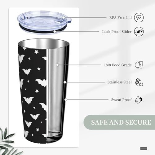 Halloween Bats Tumbler with Lid and Straw Gothic 20oz Insulated Stainless Steel Cup Spooky Travel Coffee Mug Water Bottle for Women Gift for Birthday Christmas - color: Black