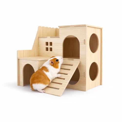 Large Hamster Maze Wood House Fun Slide House Double-Decker Hut Chew Toys for Bigger Syrian Hamsters Dwarf Gerbil Mouse Mice Rat Small Animals