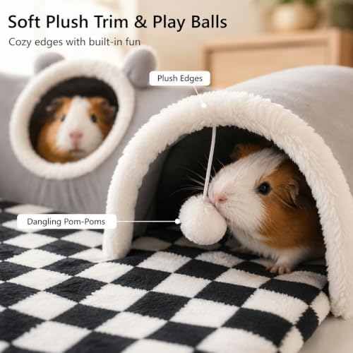 Large Guinea Pig Hideout Tunnel with Removable Warm Bed, 3-Cave Small Animal Hideaway Play Tunnel, Cozy Cage Accessories for Hamsters, Chinchillas, Rats