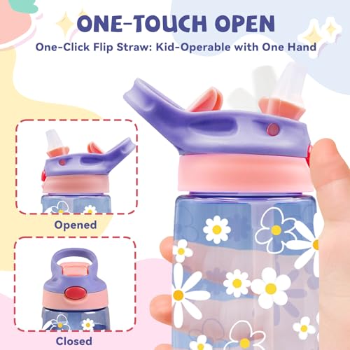 Kids Plastic Water Bottle - Cute Daisy Water Bottles for Kids, 14oz Plastic Water Bottle with Straw Lid, Leakproof BPA-Free Daisy Water Bottles for Home Sports Travel, Pop-Up Straw Cover, Purple - color: Cute Daisy