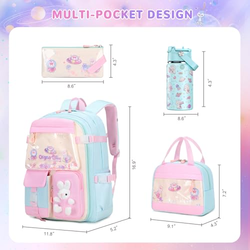 FIXITOK Girls Backpack with 14oz Insulated Water Bottle Set, Kawaii Bunny School Backpack for Girls with Kids Water Bottle Lunch Bag Pencil Case for Kindergarten Elementary Preschool School - color: W-aquamarine