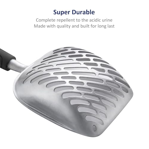 Cat Litter Scoop, Aluminum Alloy Sifter, Kitty Metal Scooper, Deep Shovel with Diagonal Sifting Hole, Long Handle, Kitten Poop Lifter for Litter Box, Medium Size, Black Handle - color: #06 Black, size: Medium