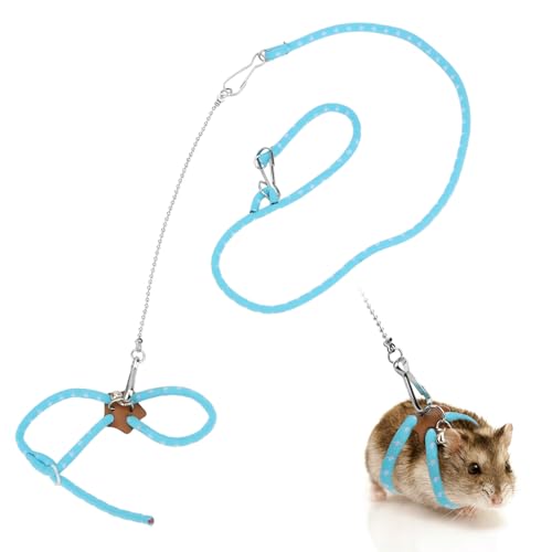 Hypeety Syrian Hamster Leash Harness Set Adjustable Training Walking Lead | Adjustable 3.14-7.07'' chest, 32.60'' lengh, soft nylon leash with finder bells, for hamster/rat/gerbil, easy to put on, blue - color: Nylon Blue 32.7"