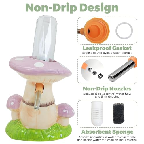 PINVNBY Hamster Water Bottle No Drip Ceramic Automatic Gerbil Water Bottle 80ML Water Dispenser with Mushroom Stand Holder for Gerbils Syrian Hamsters Dwarf Hamsters Mice (Purple) - color: Purple