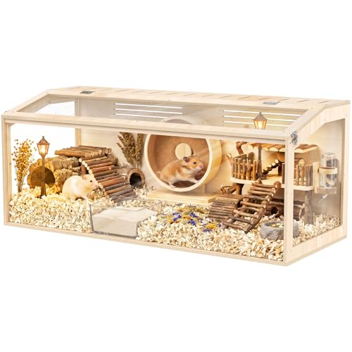 XiaZ Hamster Cage,48Inch Large Hamster Tank with Panoramic View and Ventilated Top, Spacious Acrylic Glass Habitat for Syrian Dwarf Hamsters and Degus, Natural Wood Frame Enclosure - size: 48.0"L x 20.0"W x 20.0"H