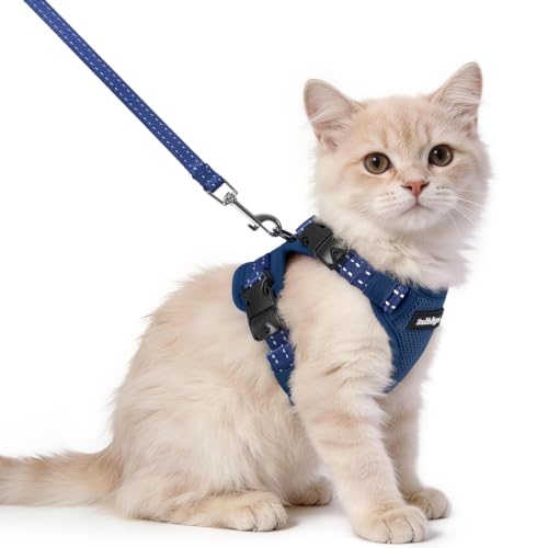 rabbitgoo Cat Harness and Leash Set, Easy-on with Neck Buckle, Navy Blue | Escape Proof, No Over-the-head, Soft Air Mesh, 3 Lockable Adjusters & Buckles, Reflective, for Kittens & Small Cats Walks, Xs - color: Navy Blue, size: Xs