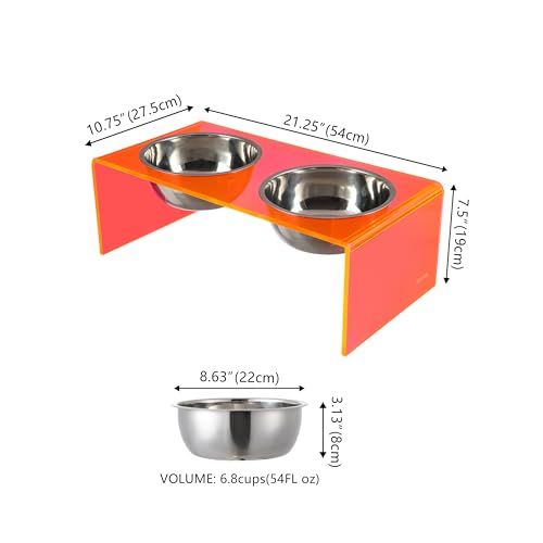 DBL2001E Keaton 7.5" Medium/Large Modern Acrylic Rectangular Elevated Pet Feeder with 54oz 2-Stainless Steel Bowls, Pink/Chrome - color: Pink/Chrome, size: 54 Ounces (7.5" Cups 2-Pack)