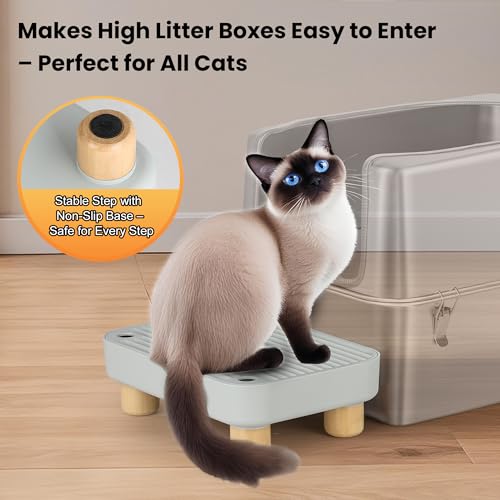 Litter Box Step, Litter Box Ramp/Catcher with Wooden Base, Anti-Tracking & Easy to Clean, Ideal for Small & Elderly Cats (Grey) - color: Light Gray