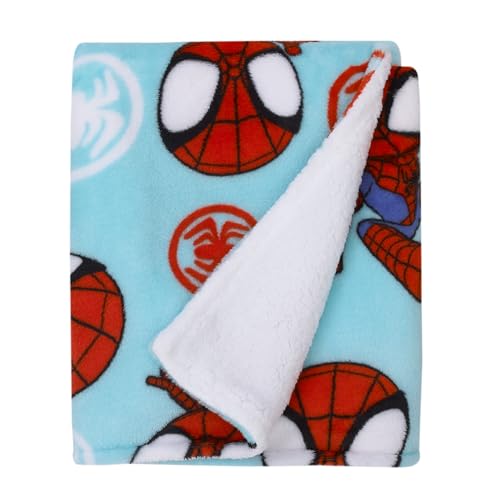 Marvel Spidey Light Blue, Red and White Super Soft Sherpa Toddler Blanket - color: Spidey - Blue and Red