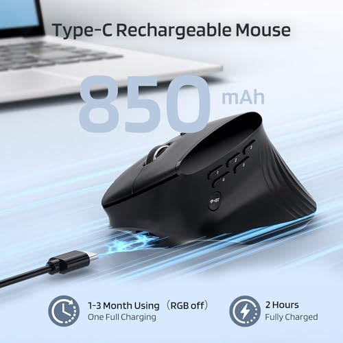 LTC GM051 Wireless Vertical Ergonomic Mouse – 8K DPI Optical, 9 Programmable Buttons (5 Side), Rechargeable 850mAh, Multi-Device Bluetooth/2.4G for Mac, PC, Laptop & Desktop – Black
