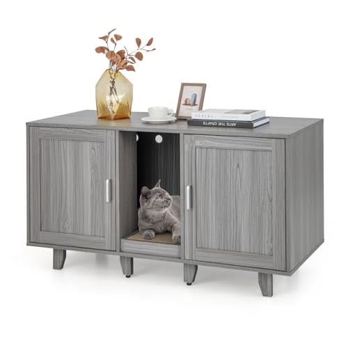 PETSITE Litter Box Enclosure for 2 Litter Boxes, Hidden Cat Washroom TV Stand End Table with 2 Cabinet, Scratching Board, Indoor Cat Litter Furniture (Grey Wash), Patented - color: Grey Wash