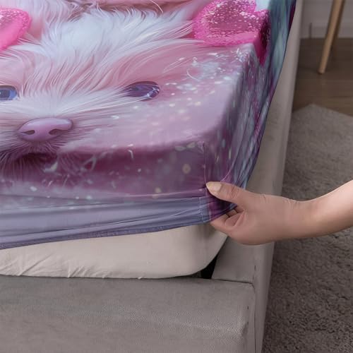 AILONEN Cute Dogs Fitted Sheet Set Twin Size - Kawaii Pink Puppy Bedding Bet for Kids Teen Girls - Lovely 3D Pet Animals Bed Sheet with 2 Pillowcases - 3Pcs - color: Dog34, size: Twin